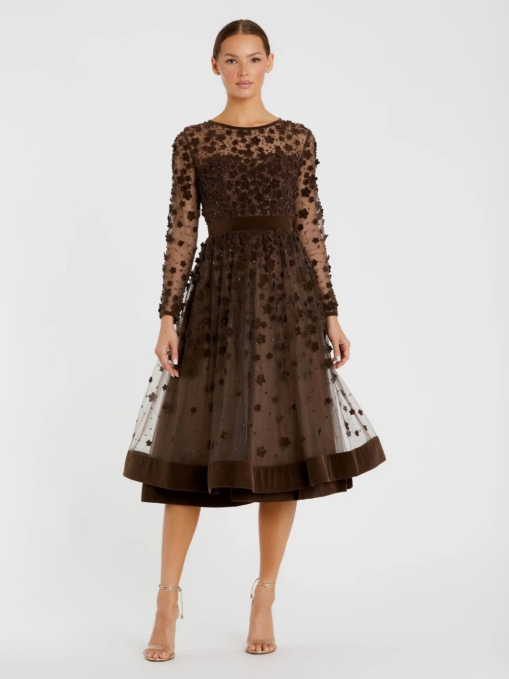 MAC DUGGAL Brown Embellished Long Sleeve Velvet Trim A-Line Midi Dress
